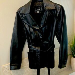 Leather jacket with belt tie.